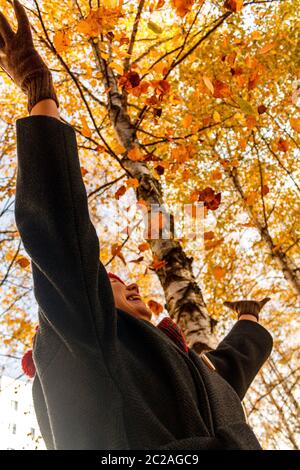 Weiße kaukasische junge Frau freut sich wirft und spielt gelbe und rote Herbstblätter. Jahreszeiten. Stockfoto