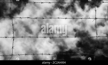 Konzept der Gefangenen. Stacheldraht mit azurblauem Himmel und weißen Wolken als Hintergrund Stockfoto