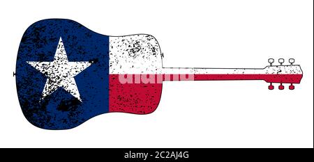 Eine typische akustische Gitarre silhouette isoliert über einem weißen Hintergrund mit einem grunge Texan Flagge Stockfoto