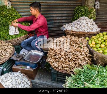 Editorial, datiert-20. März 2020, Ort- dehradun uttarakhand Indien. Ein junger indischer Gemüsekender am Straßenrand. Stockfoto