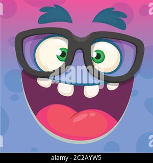 Cartoon lustig smart und clever Monster Gesicht tragen Brille. Vektorgrafik Stock Vektor