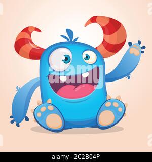 Glücklich niedlichen Cartoon Monster. Halloween Vektor blau und gehörnte Monster sitzen und winken. Stock Vektor