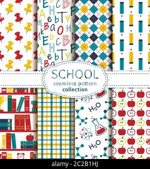 Zurück zur Schule. Set von bunten Bildung und Wissenschaft nahtlose Muster. Vektorsammlung. Stock Vektor