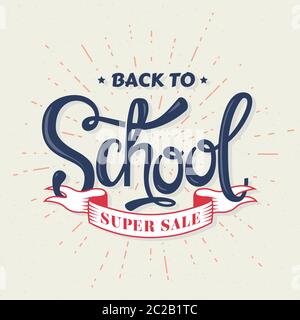 Back to School Sale Banner. Vektor-Hintergrund mit Schriftzug und platzen Strahlen. Stock Vektor