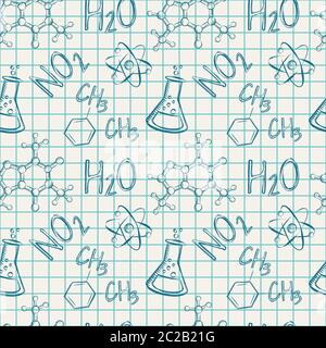 Science Nahtloses Muster. Chemische Zeichnungen in einem Schulbuch. Vektorgrafik. Stock Vektor