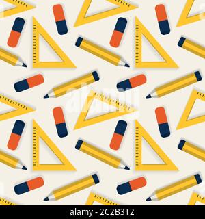 Schule nahtloser Hintergrund mit Papeterie: Bleistifte, Radiergummis und Lineale. Vektorgrafik. Stock Vektor