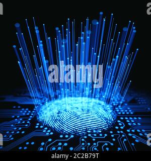3D Illustration. Fingerabdruck in einer gedruckten Schaltung, Freigabe Binärcodes integriert. Stockfoto