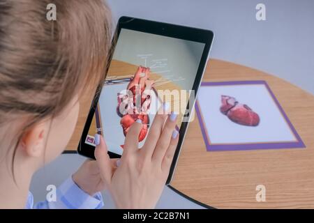 MOSKAU, RUSSLAND - 1. AUGUST 2019. Frau mit Tablet mit Augmented Reality App - 3d anatomisches Modell des menschlichen Herzens. Zukunft, AR, Medizin, Anatomie Stockfoto