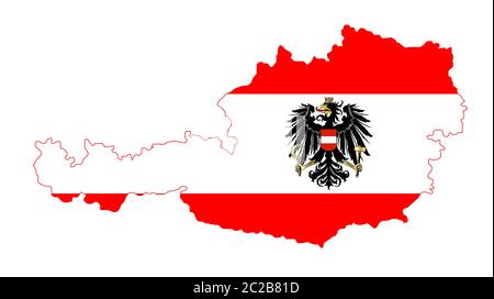 Die Österreichische Flagge mit dem Wappen über Layed inset intoa Umriss der Karte von Österreich auf Weiß Stockfoto