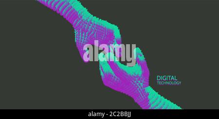 Hände, die aufeinander zugreifen. Konzept der menschlichen Beziehung, des Zusammengehörigkeitsgedankens oder der Partnerschaft. Verbindungsstruktur. 3D-Vektordarstellung. Stock Vektor