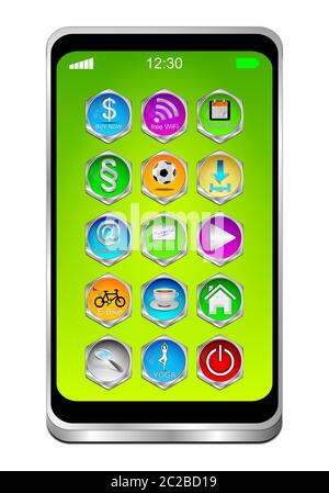 Smartphone mit verschiedenen Apps auf grünem Desktop - 3D-Illustration Stockfoto