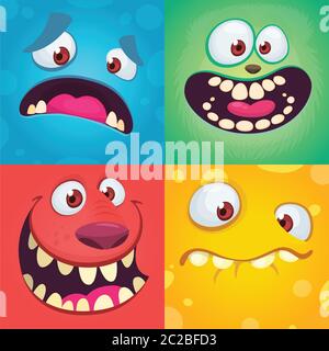 Cartoon Monster Gesichter gesetzt. Vektor-Set von vier Halloween Monster Gesichter mit verschiedenen Ausdrücken. Kinder Buch Illustrationen oder Party Dekorationen Stock Vektor