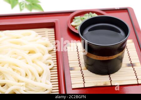 Japanische Zaru udon Nudeln in eine Platte mit Sojasauce auf weißem Hintergrund Stockfoto