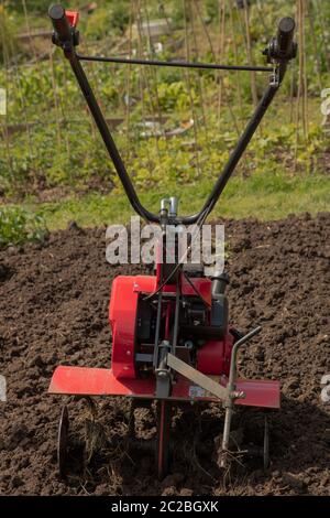 Rotavator gesehen auf dem Zuteilungsgarten nach dem Anbau eines Grundstücks für die Pflanzung . Stockfoto