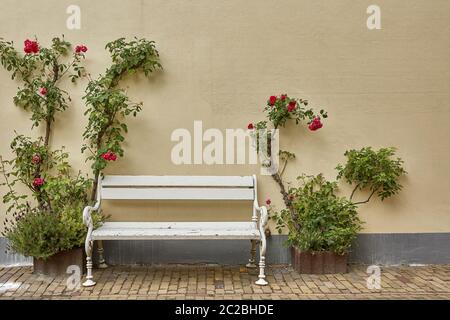 Hauseingang mit Blumen geschmückt. Rustikales Konzept. Schöne Designelemente Stockfoto