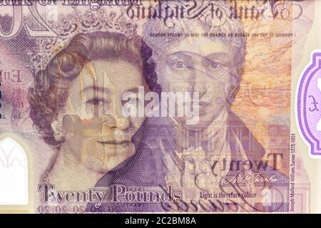 UK Polymer 20 Pfund Note, mit Queens Kopf auf einer Seite und JMW Turner Selbstportrait auf der Rückseite. Stockfoto