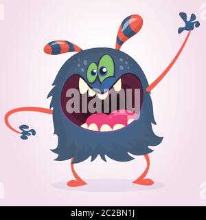 Wütend Cartoon schwarz Monster schreien und winken Hand. Brüllender, wütender Monsterausdruck. Halloween-Charakter. Vektorgrafiken. Stock Vektor