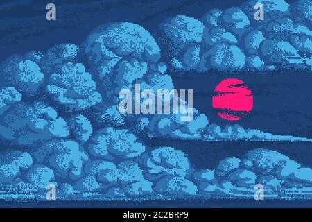 Pixel Art Clouds. 8-Bit-Objekte. Blauer magischer Himmel und japanischer Sonnenhintergrund. Retro-Spielelemente. Traumhafte Videoarkade. Vektorgrafik. Stock Vektor
