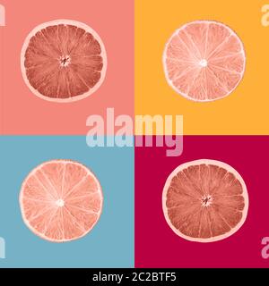 Collage von Orange Frucht in kreative konzeptionelle Draufsicht flach Farbe Quadrate mit Kopie Speicherplatz auf Gelb, Rot, Rot und Blau Hintergrund einstellen Stockfoto