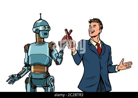Geschäftsmann und Roboter prost Bier Flaschen. Technologische Entwicklung Konzept. it-Industrie. Pop Art retro Vektor illustration Zeichnung vintage Kitsch Stockfoto