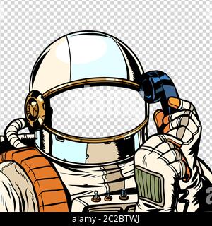 Der Astronaut ist, am Telefon zu sprechen. leerer Raumanzug Vorlage. Pop Art retro Vektor illustration Zeichnung Stockfoto