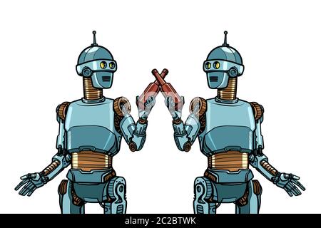 Roboter trinken Bier. Prost Toast auf das Treffen. Pop Art retro Vektor illustration Zeichnung vintage Kitsch Stockfoto