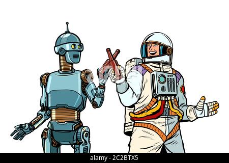Roboter und Astronauten trinken Bier zusammen. Pop Art retro Vektor illustration Zeichnung vintage Kitsch Stockfoto