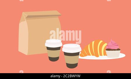 Vektor isoliert Illustration eines Take Away-Set: Kaffeetassen, Croissant, Cupcake y Papiertüte Stock Vektor