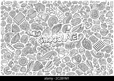 Vektor Doodle Cartoon Set von Schokolade Thema Artikel, Objekte und Symbole Stock Vektor