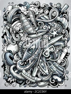 Wassersport handgezeichnete Vektor-Doodles-Illustration. Stock Vektor