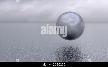 Eine metallisch glänzende Kugel hing über der Wasseroberfläche. Unidentifiziertes rundes Flugobjekt in Schwerelosigkeit über Meer oder Ozean. Konzeptionelle Kreativität Stockfoto