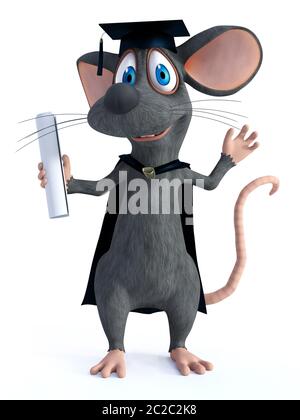 3D-Rendering von einem netten Lächeln Cartoon-maus in Staffelung gekleidet und dem Diplom. Weißer Hintergrund. Stockfoto