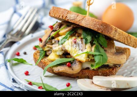 Scheiben geröstetes Brot mit Ei und Pilzen. Stockfoto