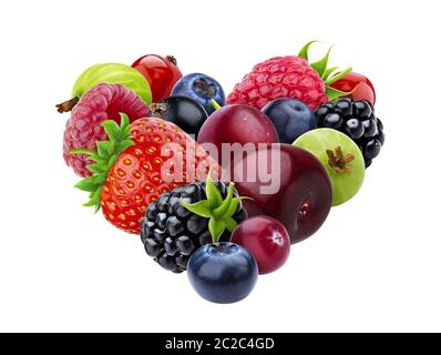 Herzform aus verschiedenen Wald Beeren auf weißem Hintergrund Stockfoto