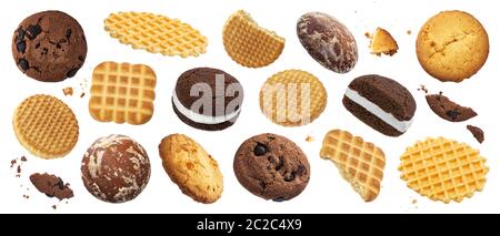 Sammlung von verschiedenen Kuchen, Kekse, Kräcker, Waffeln auf weißem Hintergrund Stockfoto