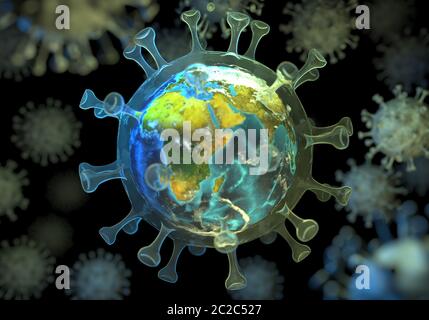 Planet Erde in der Zelle des chinesischen respiratorischen Coronavirus 2019-nCoV. Mikroskopische Ansicht der Viruszelle Covid-19. Die weltweite Verbreitung der Th Stockfoto