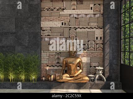 Home decor with a gold statue of Buddha against a black wall with an ethnic pattern of stones. The composition of a set of decorative items.  Interior Stockfoto