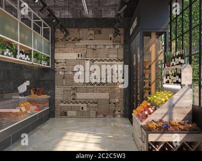 Inneneinrichtung eines Feinkostladen. Loft-Stil. Die Handelsausrüstung mit Käse, Wein, Obst. 3D-Visualisierung. Stockfoto