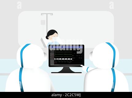 Konzepte von Ärzten, die covid-19 Patienten in Isolationsraum. Ärzte in professionellen Schutzausrüstung suchen auf Vitalparameter Monitor von Kov Stock Vektor