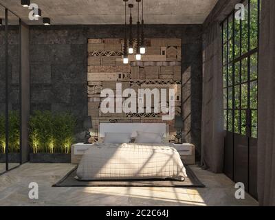 Die Inneneinrichtung des Hotelzimmers mit einem Doppelbett, Nachttischen, Spiegelschrank und Wanddekor. Loft-Stil. 3D-Visualisierung. Stockfoto