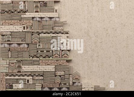 Rahmen auf dem Hintergrund einer sandigen Lehmwand mit dekorativen Steinarbeiten. Сopy Raum. Ruine Wand aus Steinblöcken und Ziegel mit Muster in anci Stockfoto