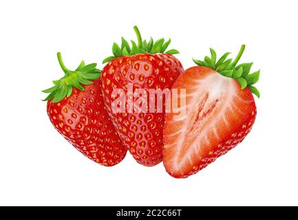 Drei Erdbeeren isoliert auf weißem Hintergrund mit Clipping Pfad Stockfoto