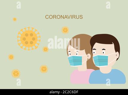 Konzepte des Tragens Schutzmaske bei Coronavirus Pandemie Ausbruch. Mann und Frau tragen hygienische blaue Maske, um Coronavirus oder covid-19 infe zu verhindern Stock Vektor