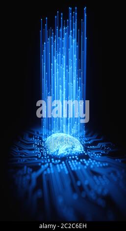 3D Illustration. Fingerabdruck in einer gedruckten Schaltung, Freigabe Binärcodes integriert. Stockfoto