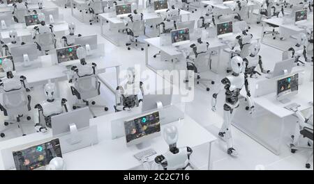 Viele identische Klonroboter arbeiten im Büro, sitzen an Schreibtischen mit Computern. Zukunftskonzept ohne Menschen mit intelligenter Robotik und künstlicher intel Stockfoto