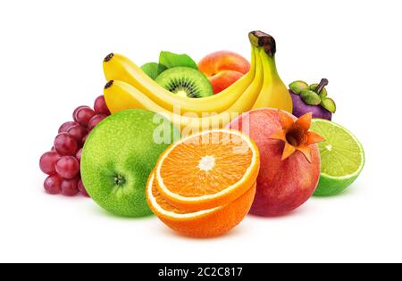 Auswahl an exotischen Früchten auf weißem Hintergrund mit Freistellungspfad isoliert Stockfoto