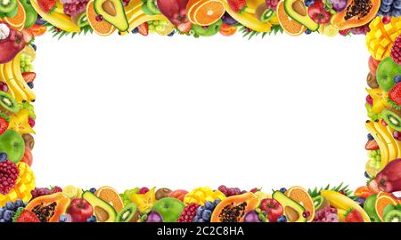 Rahmen aus Früchten und Beeren auf weißem Hintergrund Stockfoto