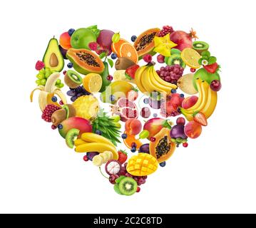 Herzform aus verschiedenen Früchten und Beeren, auf weißem Hintergrund, Herz, Diät und gesunde Ernährung Konzept Stockfoto