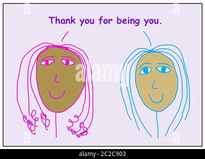 Farbe Cartoon von zwei lächelnden, schönen, afroamerikanischen Frauen, die danke für Sie. Stockfoto