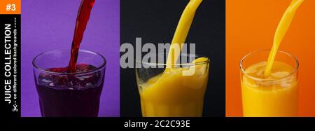 Saft, der auf farbigem Hintergrund in Glas, Kirsch-, Orangen- und Traubensäfte eingießt Stockfoto